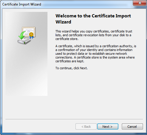 Microsoft Import Certificate Wizard