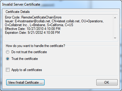 Invalid server certificate dialog